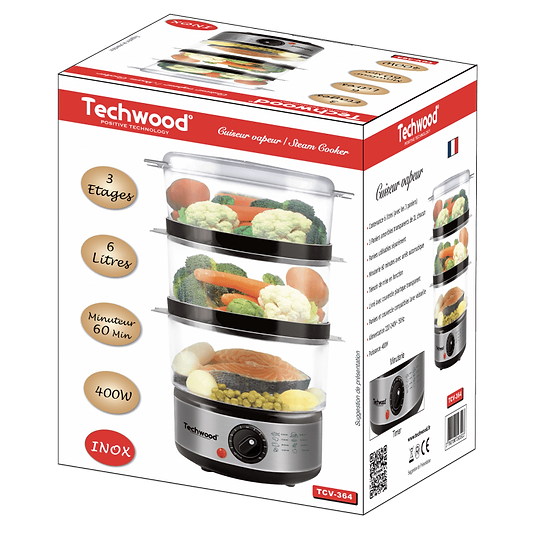 Cuiseur a vapeur INOX 3 Panier - 400 W - 6 L- TCV-364 Techwood – Image 5