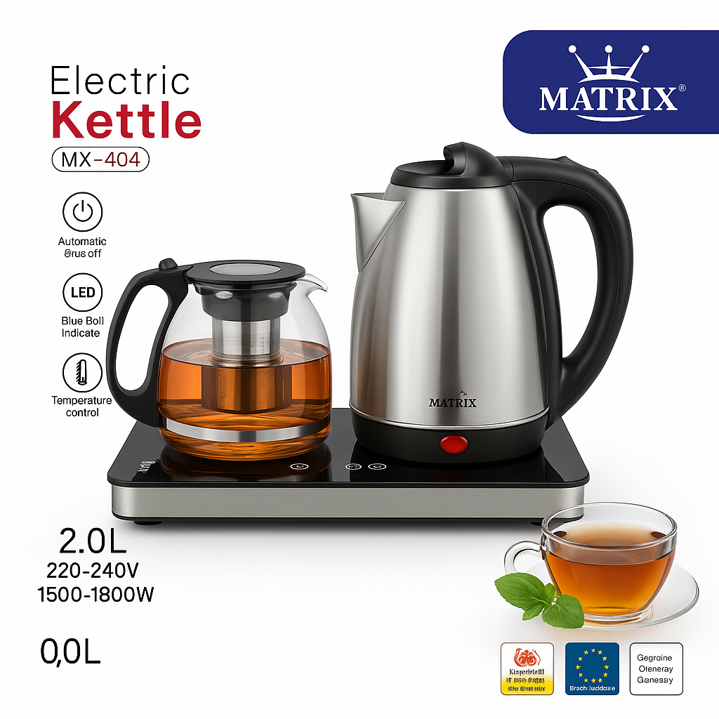 Bouilloire 2L En inox + Théière en verre 1800 W Matrix MX-404