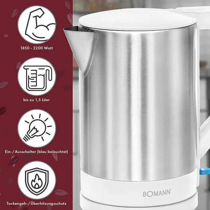 Bouilloire Electrique 1,5 L 2200 W Bomann Wks-3002 Blanc-inox – Image 2
