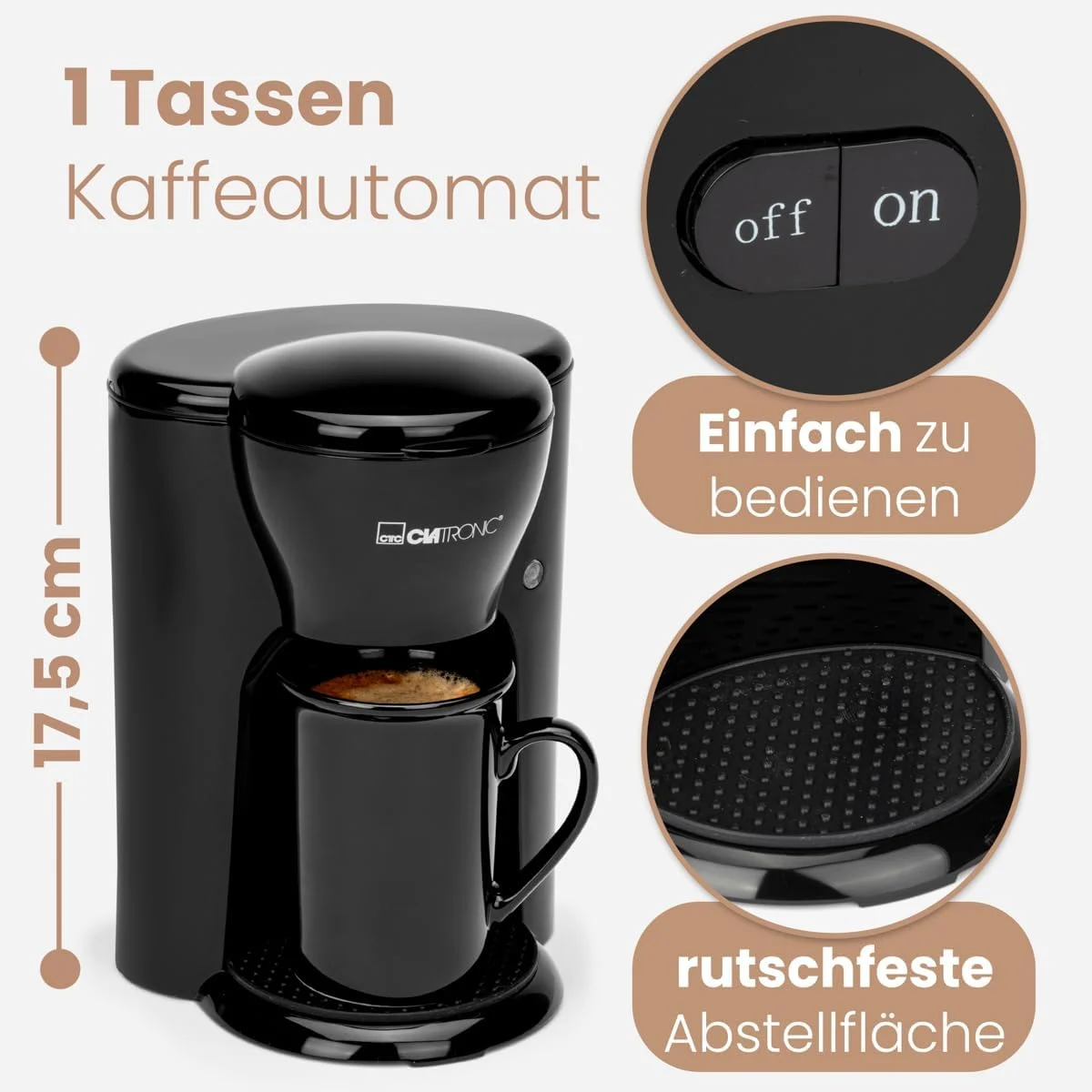 Machine à café1 tasse avec filtre Lavable + tasse en céramique de 140 ml | Petite machine à café à filtre pour les déplacements | Clatronic KA 3356 Noir – Image 6