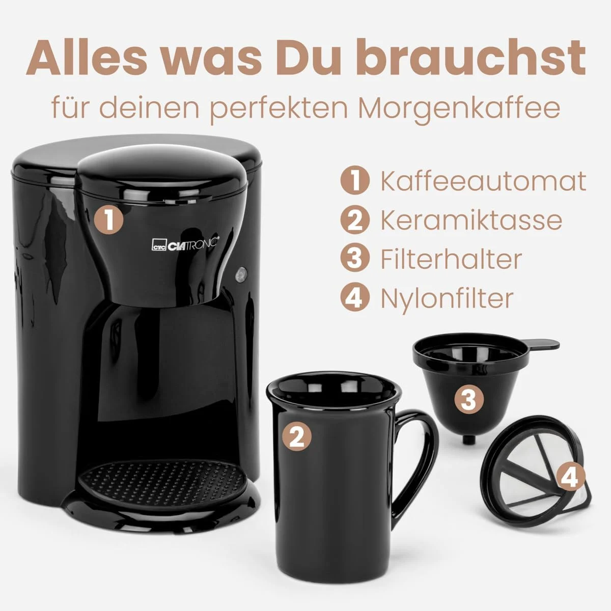 Machine à café1 tasse avec filtre Lavable + tasse en céramique de 140 ml | Petite machine à café à filtre pour les déplacements | Clatronic KA 3356 Noir – Image 7