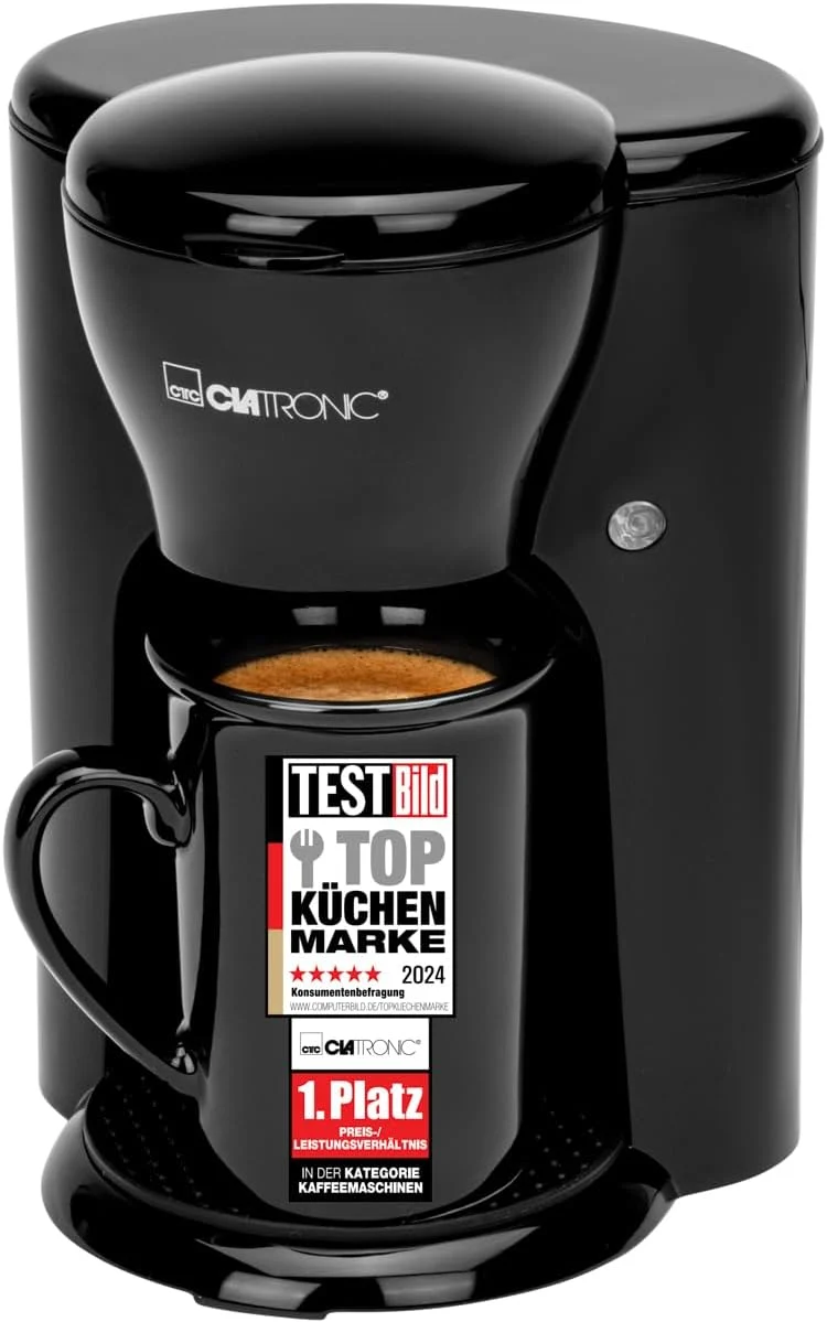 Machine à café1 tasse avec filtre Lavable + tasse en céramique de 140 ml | Petite machine à café à filtre pour les déplacements | Clatronic KA 3356 Noir – Image 2