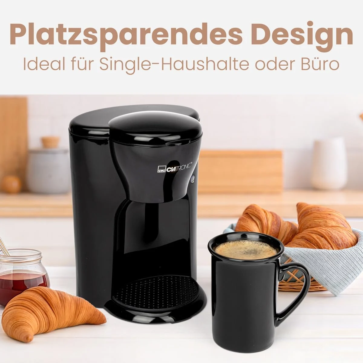 Machine à café1 tasse avec filtre Lavable + tasse en céramique de 140 ml | Petite machine à café à filtre pour les déplacements | Clatronic KA 3356 Noir