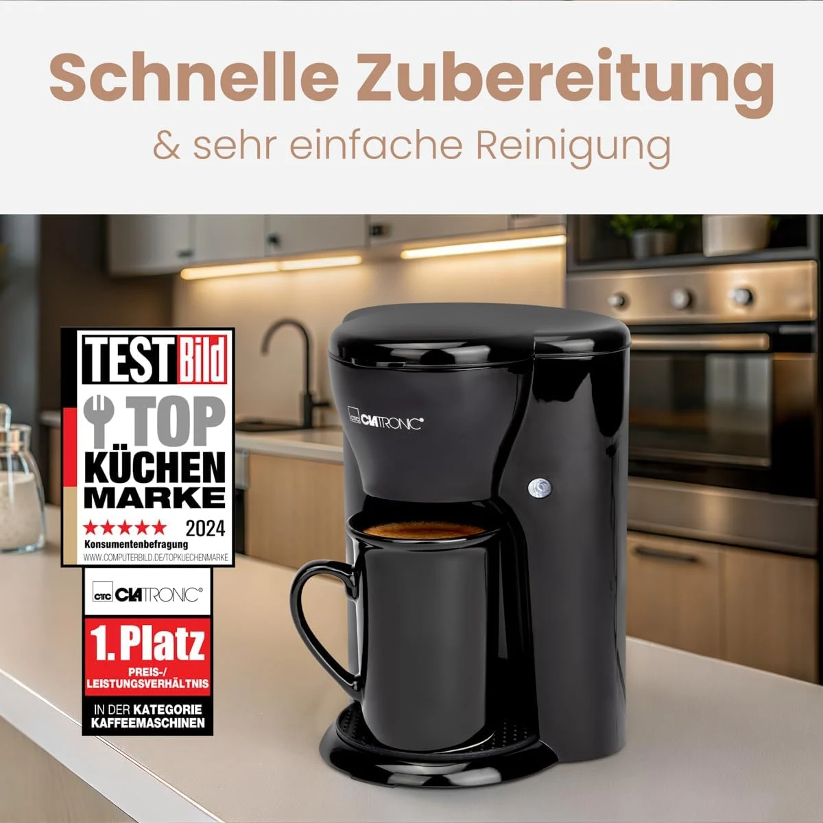 Machine à café1 tasse avec filtre Lavable + tasse en céramique de 140 ml | Petite machine à café à filtre pour les déplacements | Clatronic KA 3356 Noir – Image 5